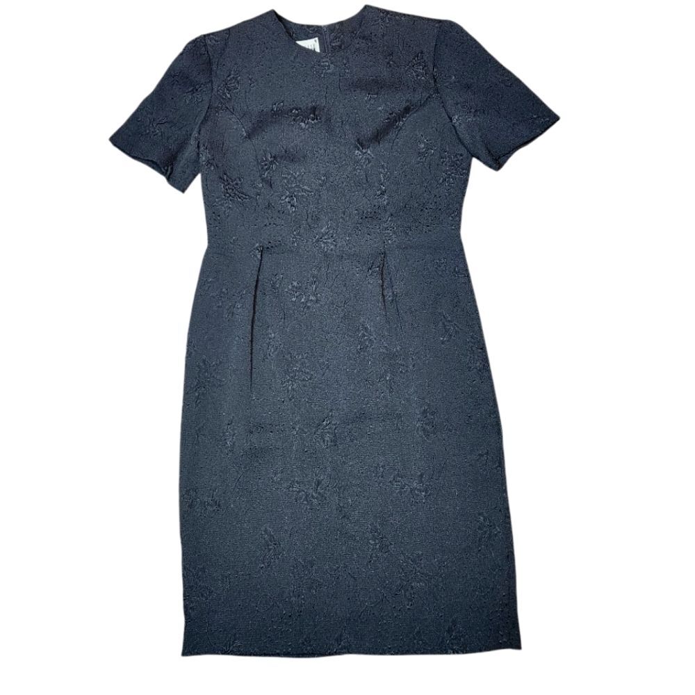 Vintage 70s Dress Black Embossed Floral Short Sleeve Pencil Knee Length‎ 10 M